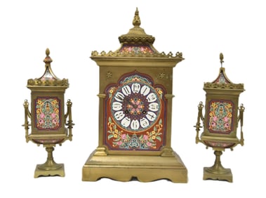 (3)pc BRONZE & CHAMPLEVE ENAMEL CLOCK SET