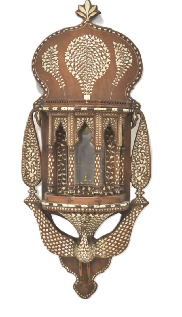 ANGLO INDIAN BONE INLAID WALL HANGING: ANGLO INDIAN BONE INLAID WALL HANGING WITH CARVED BIRD - 12" x 29" (SOME LOSS)