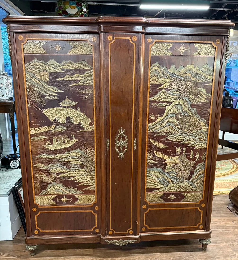 FRENCH CHINOISERIE 2-DOOR ARMOIRE: UNUSUAL FRENCH BRONZE MOUNTED 2-DOOR ARMOIRE WITH CHINOISERIE SCENIC PANEL DOORS ; INLAID DESIGNS & BRONZE MOUNTS - 62" x 19" x 72"