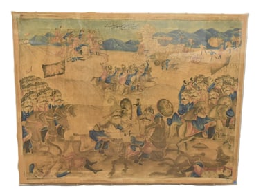 LARGE ANTIQUE PERSIAN BATTLE PAINTING ON FABRIC