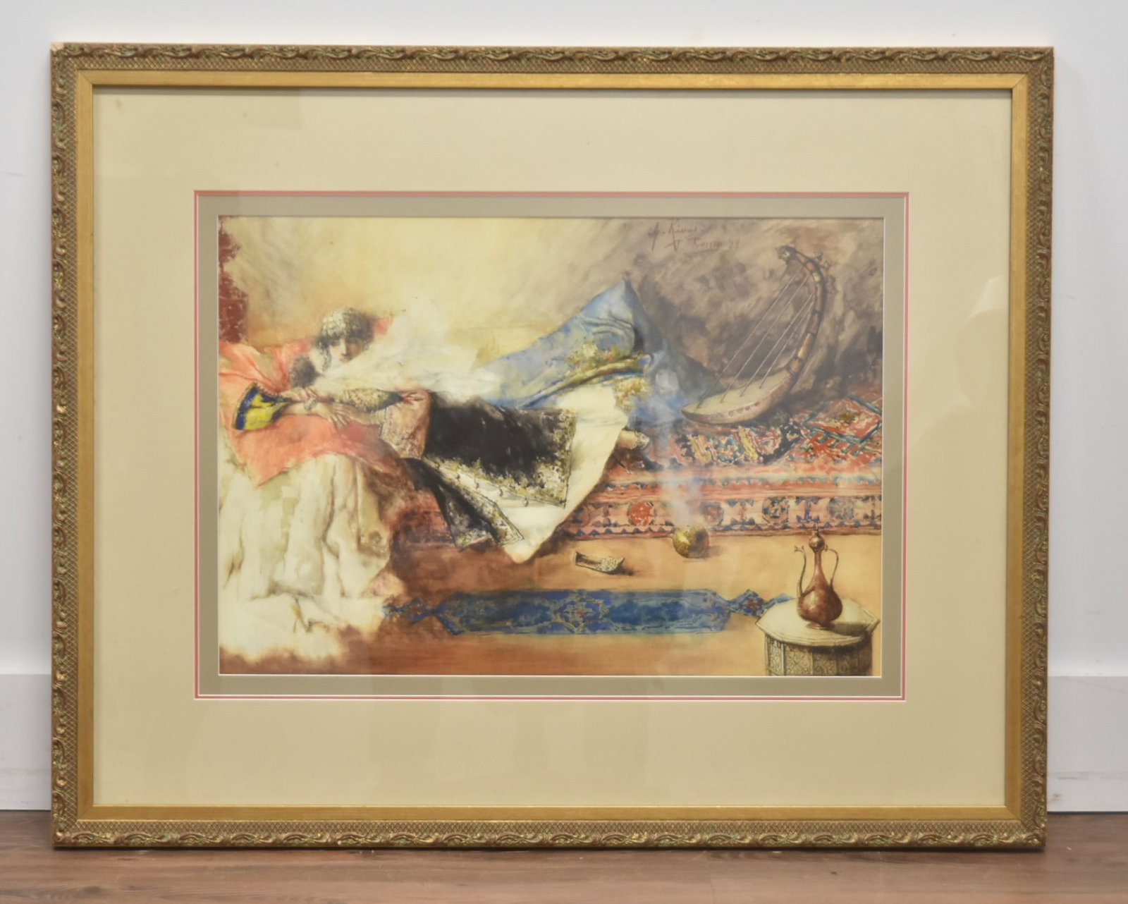 ANTONIO RIVAS , ITALIAN WATERCOLOR: ANTONIO RIVAS (Italian/Spanish 1845-1911) ORIENTALIST WATERCOLOR OF RECLINING WOMAN WITH MUSICAL INSTRUMENTS , SIGNED A RIVAS , ROMA - 25" x 17 1/2" ; 38" x 31" FRAMED