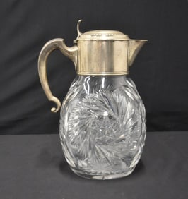 LARGE 800 SILVER & CUT GLASS PITCHER