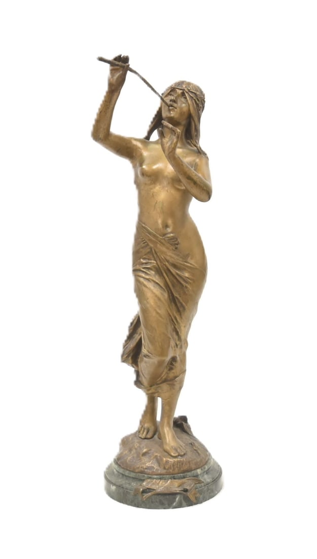 EDOUARD DROUOT , BRONZE NYMPH BLOWING PIPES: EDOUARD DROUOT (FRENCH, 1859-1945) LARGE BRONZE FEMALE NUDE NYMPH BLOWING PIPES , RAISED ON BRONZE MOUNTED GREEN MARBLE BASE , SIGNED E DROUOT - 8" x 8" x 30" (SOME PATINA WEAR)