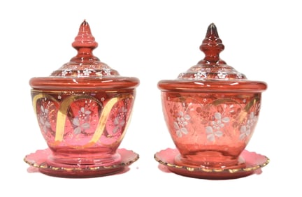 (Pr) LARGE BOHEMIAN RUBY GLASS COVERED TUREENS