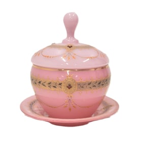 BOHEMIAN PINK OPALINE GLASS BONBONIERE DISH