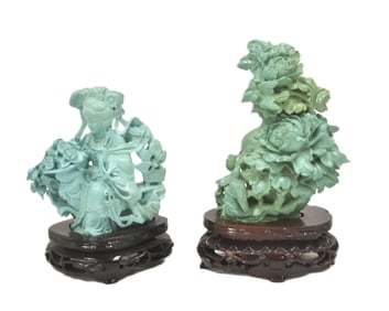 (2) CHINESE CARVED TURQUOISE FIGURE & URN