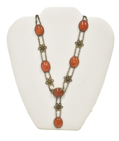 ANTIQUE CHINESE GILT SILVER & CARNELIAN NECKLACE