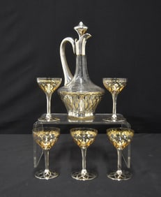 STERLING SILVER OVERLAY DECANTER & (5) GLASSES