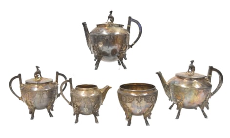 (5)pc MERIDEN SILVER PLATE TEA SET WITH DEER & DOG