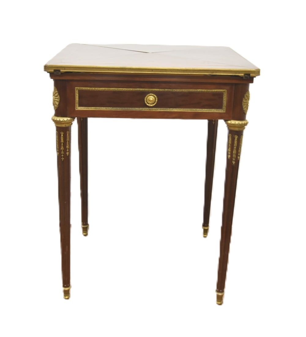 FINE FRENCH BRONZE MOUNTED HANDKERCHIEF TABLE: FINE BREVETE SGDG FRENCH LOUIS XVI BRONZE MOUNTED HANDKERCHIEF GAME TABLE WITH BRONZE - 23" x 23" x 29" ; DRAWER IS SIGNED BTE SGDG ; FOR BREVETE SANS GARANTIE DU GOUVERNEMENT