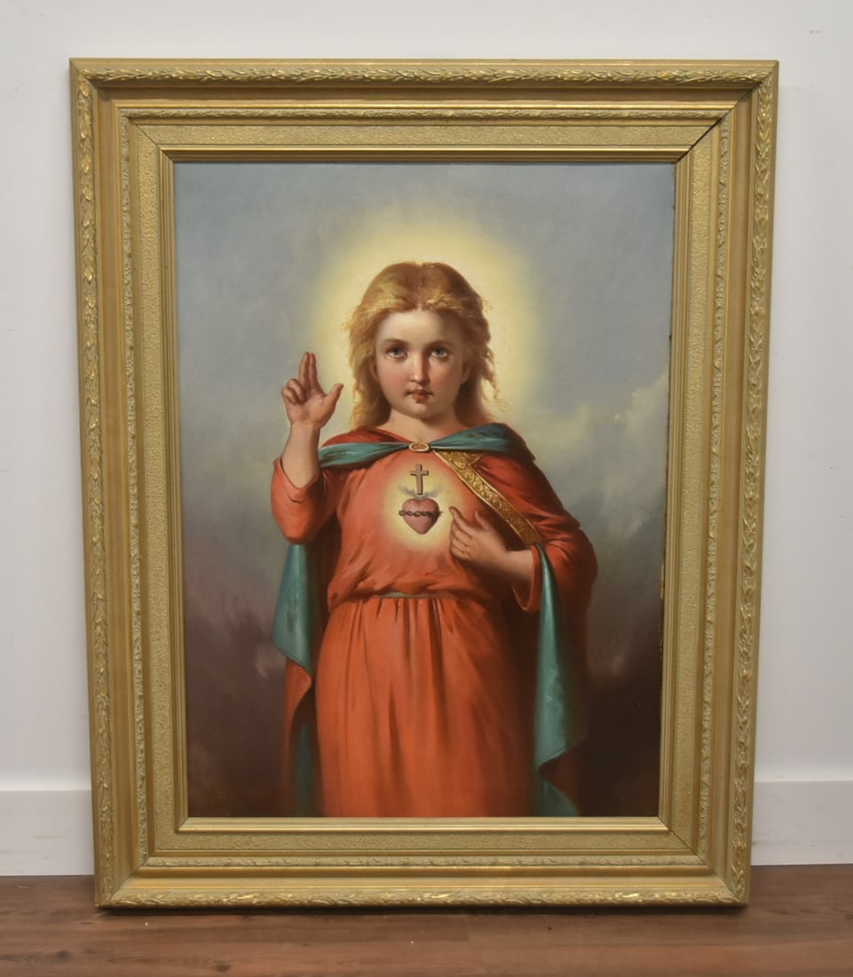 OIL ON CANVAS SACRED HEART OF YOUNG JESUS: ANTIQUE 19th CENTURY OIL ON CANVAS PORTRAIT OF YOUNG JESUS WITH THE SACRED HEART , OIL PAINTING IS 27" x 37" ; 38" x 47 SET IN GILTWOOD FRAME ; WITH NEWMAN GALLERIES PHILADELPHIA GALLERY LABEL