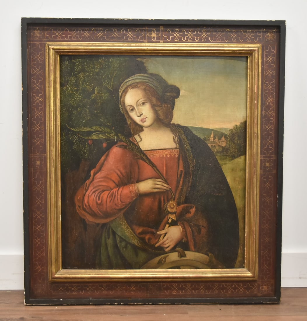 17thC OLD MASTER OIL ON PANEL St CATHERINE: 17th CENTURY OLD MASTER OIL ON PANEL PAINTING OF SAINT CATHERINE OF ALEXANDRIA - OIL PAINTING SIZE IS 27" x 30 1/2" ; SET IN STENCILED SHADOW BOX FRAME - 36 1/2" x 40" ; WITH HERBERT E FEIST GALLERY L