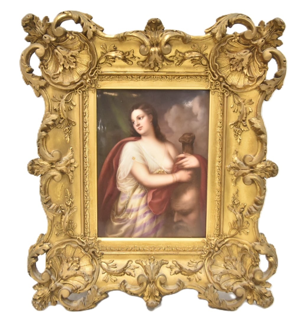 KPM JUDITH WITH THE HEAD OF HOLOFERNES: LARGE HAND PAINTED BIBLICAL KPM PORCELAIN PLAQUE DEPICTING JUDITH WITH SWORD & HEAD OF HOLOFERNES ; SET IN PERIOD ANTIQUE GILT GESSO FRAME - PLAQUE IS 7 1/2" x 10" ; BEARING INCISED KPM BERLIN SCEPTOR