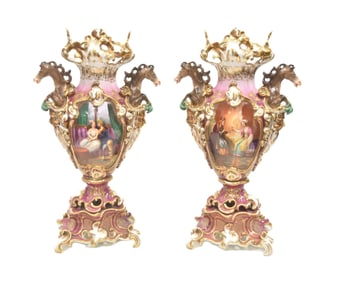 PAIR LARGE HAND PAINTED OLD PARIS VASES