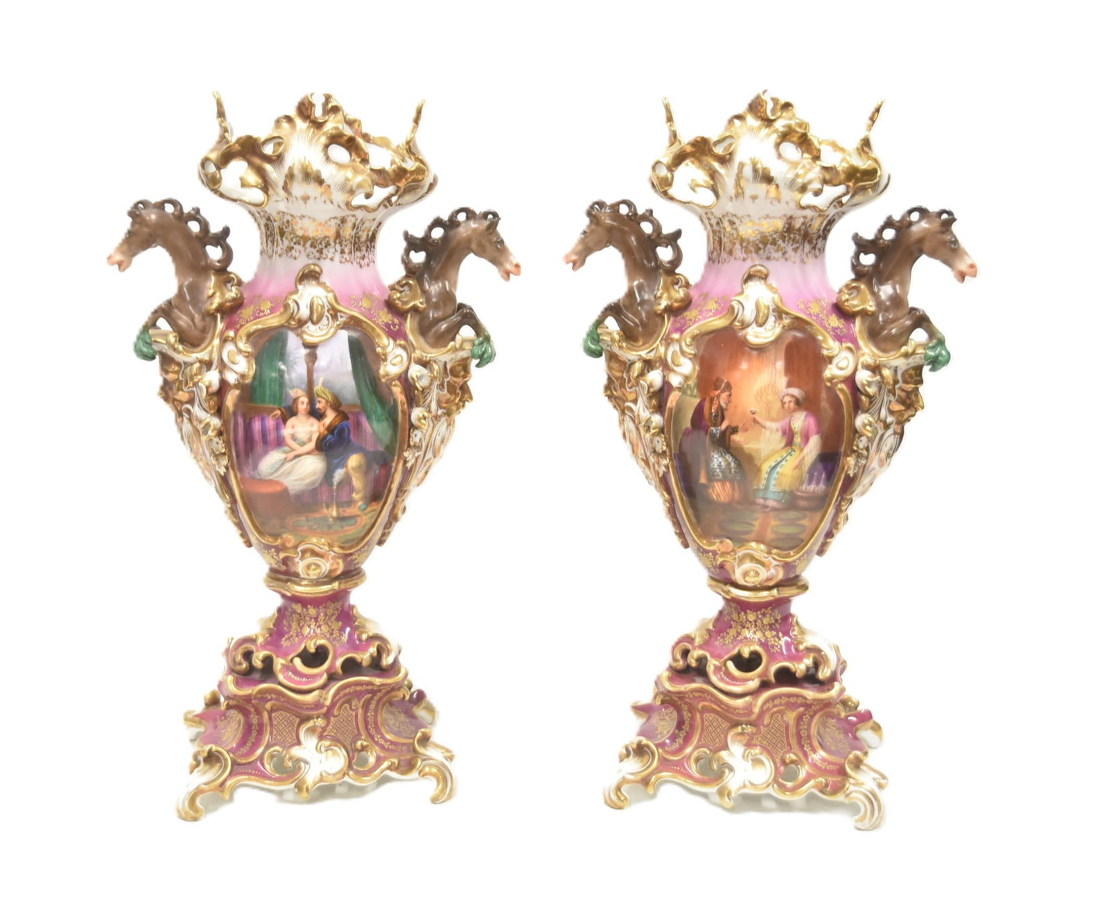 PAIR LARGE HAND PAINTED OLD PARIS VASES: (Pr) LARGE JACOB PETIT ROCOCO STYLE PARIS PORCELAIN VASES , EACH WITH TWIN HORSE HEAD HANDLES ; HAVING HAND PAINTED FIGURAL SCENES & FLORAL MEDALLIONS INVERSO - 13" x 20 1/2"small glued chip on one ho