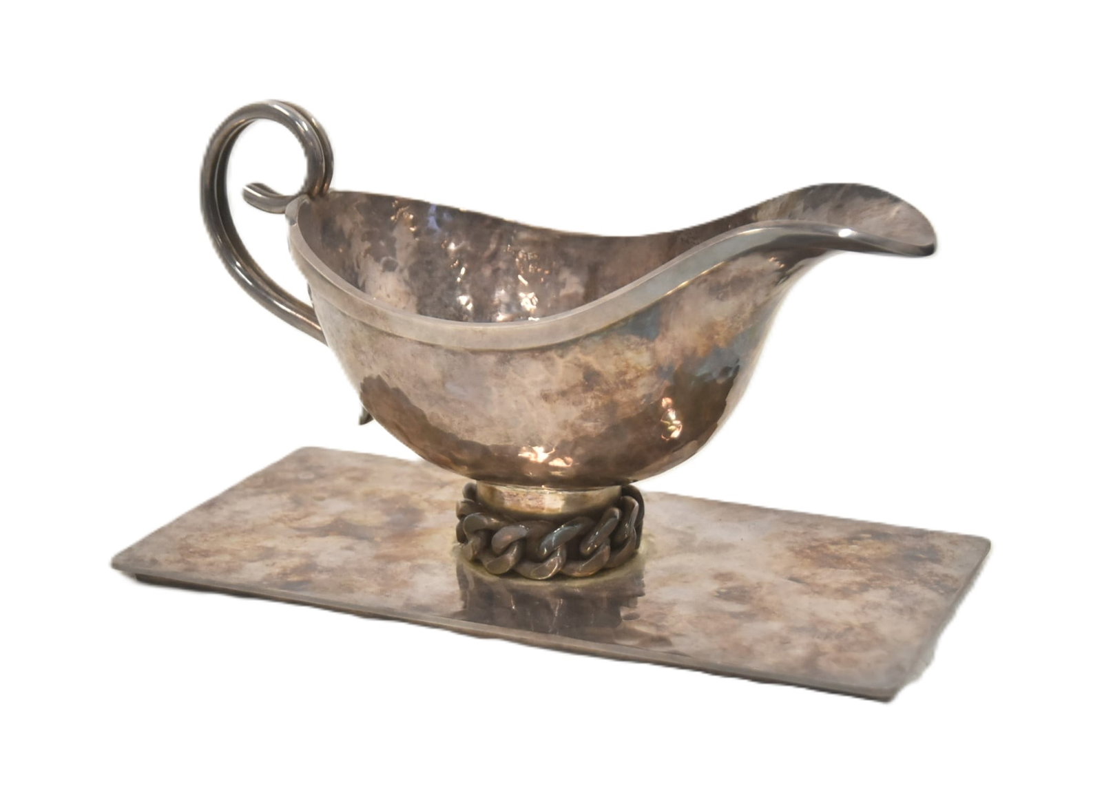 JEAN DESPRES FRENCH SILVER PLATE SAUCE BOAT: JEAN DESPRES (FRENCH, 1889-1980) FRENCH HAMMERED SILVER PLATED METAL GRAVY BOAT , SIGNED J DESPRES , 1966 - 8" x 4" x 5"