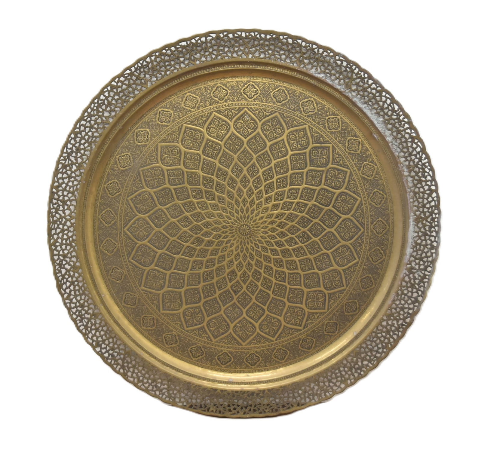 LARGE MOROCCAN ISLAMIC BRASS TRAY TABLE TOP: LARGE MOROCCAN ISLAMIC BRASS TRAY - TABLE TOP - 38" DIAMETER