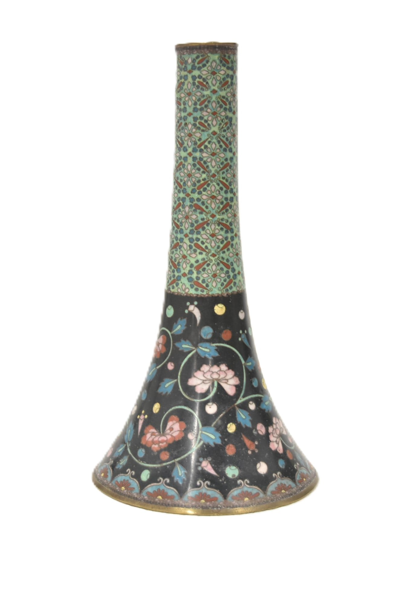 ANTIQUE JAPANESE CLOISONNE VASE: ANTIQUE JAPANESE CLOISONNE VASE - 5" x 9 3/4" (HAS DENT WITH LOSS)