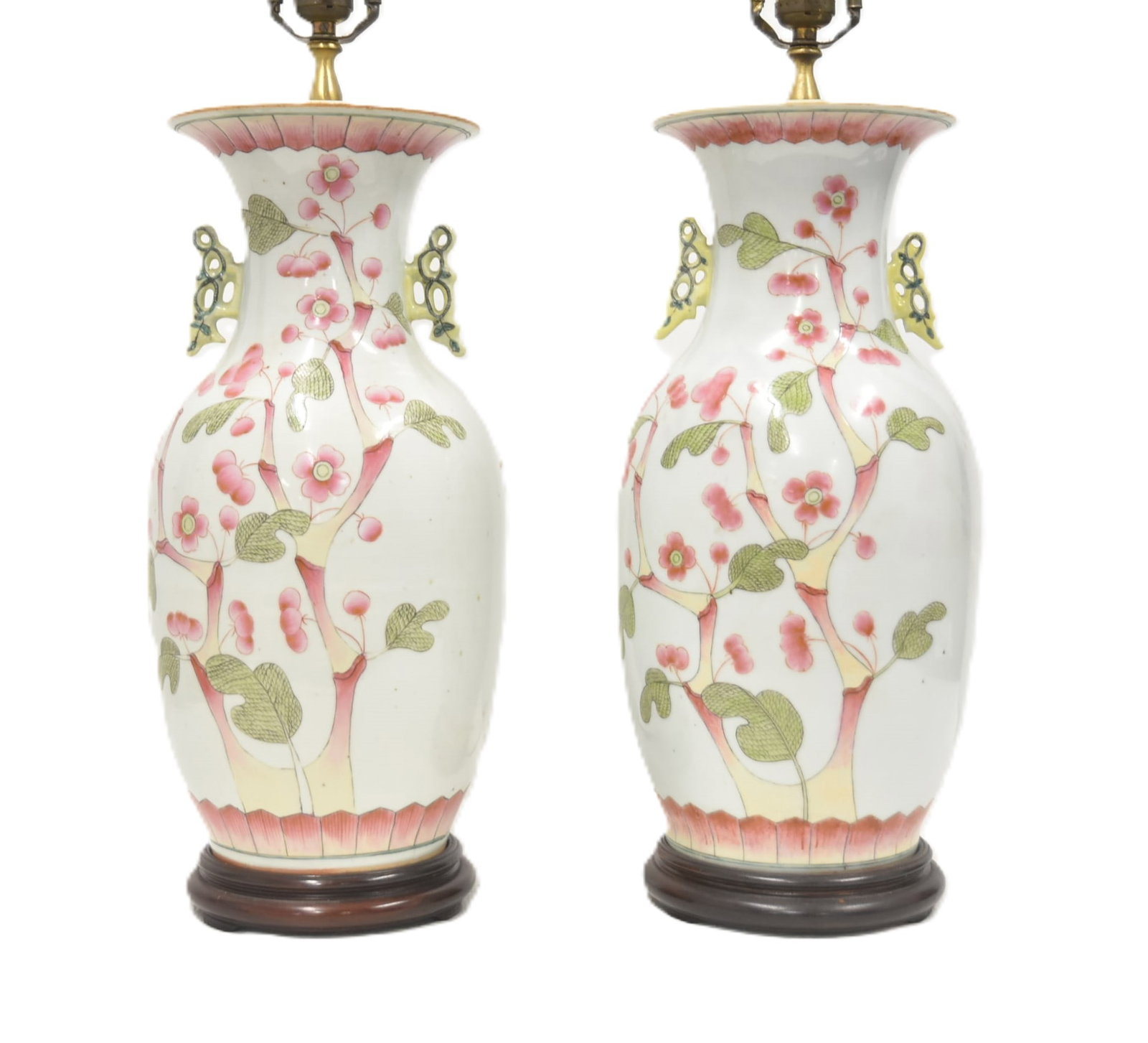 PAIR CHINESE PORCELAIN PEACH BLOSSUM VASE LAMPS: (Pr) ANTIQUE CHINESE PORCELAIN PEACH BLOSSUM VASES ; MOUNTED AS LAMPS ; WITH APPLIED HANDLES - VASE IS 8" x 17" ; 29" TALL OVERALL MOUNTED AS LAMP