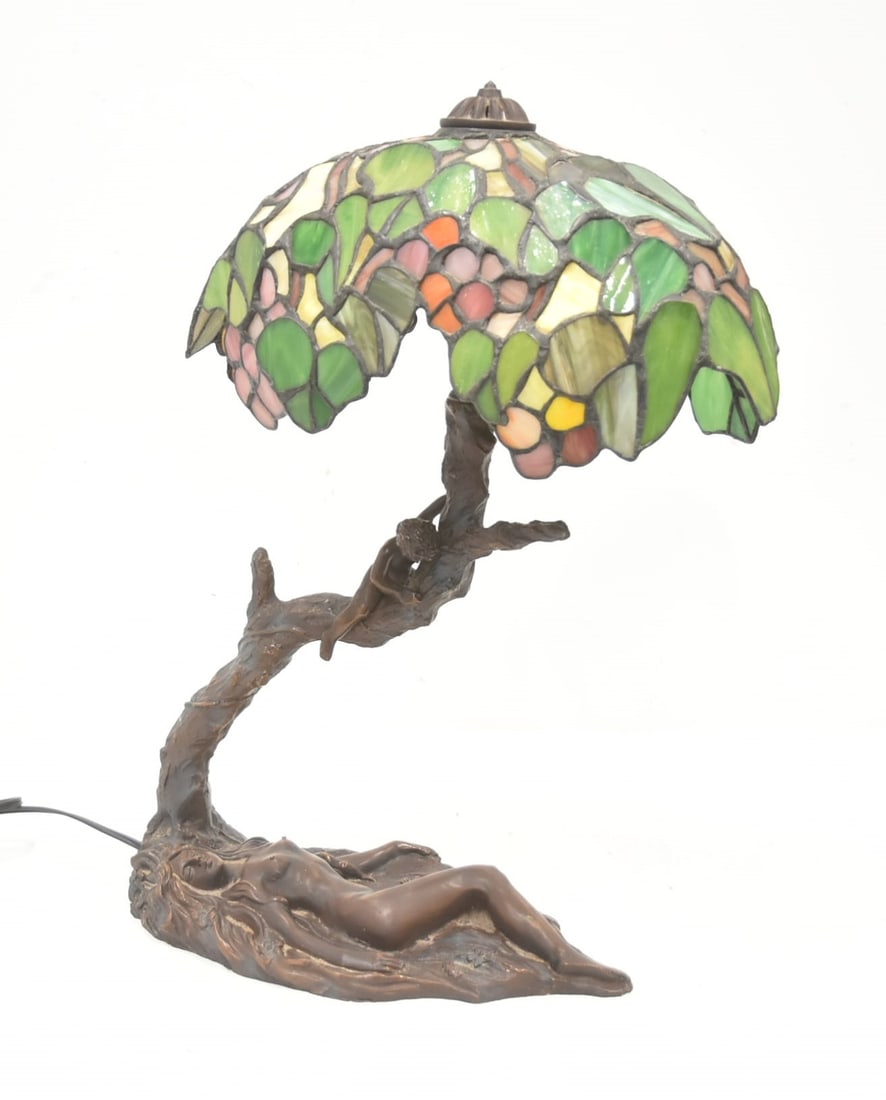 ART NOUVEAU BRONZE & LEADED GLASS TREE LAMP (1 of 14)