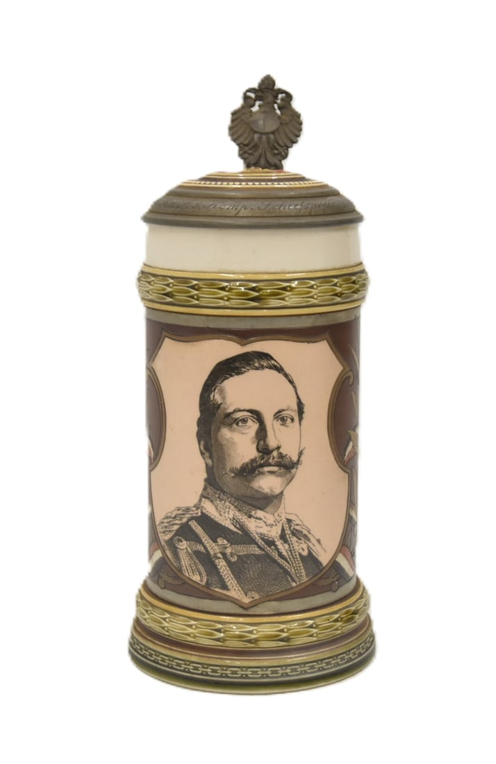 METTLACH # 1861 KAISER WILHELM II STEIN: METTLACH No. 1861 KAISER WILHELM II PORTRAIT 1/2 LITER STEIN WITH IMPERIAL EAGLE THUMB GRIP & CROWN POTTERY LID ; INSCRIBED SCHIEFSPREIS , 1894 ; SHOOTING TROPHY - 3 1/2" x 5" x 9 1/4"