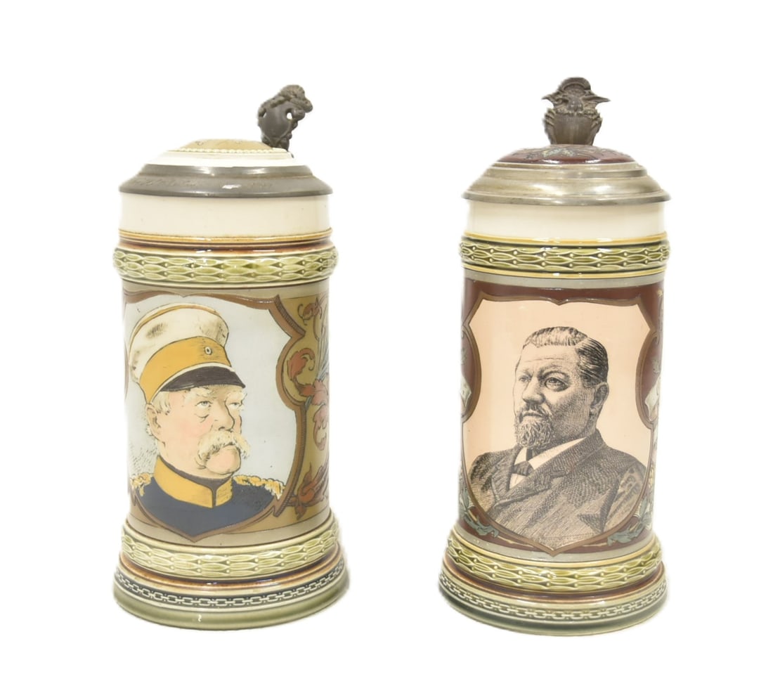 (2) METTLACH PORTRAIT STEINS: METTLACH 1794 OTTO VAN BISMARK PORTRAIT STEIN WITH ETCHED LID - 1/2 - 9" TALL / METTLACH 1997 PORTRAIT STEIN GEORGE EHRETT BREWERY - 8 3/4" ; METTLACH # 1794 / METTLACH # 1997 METTLACH STEINS