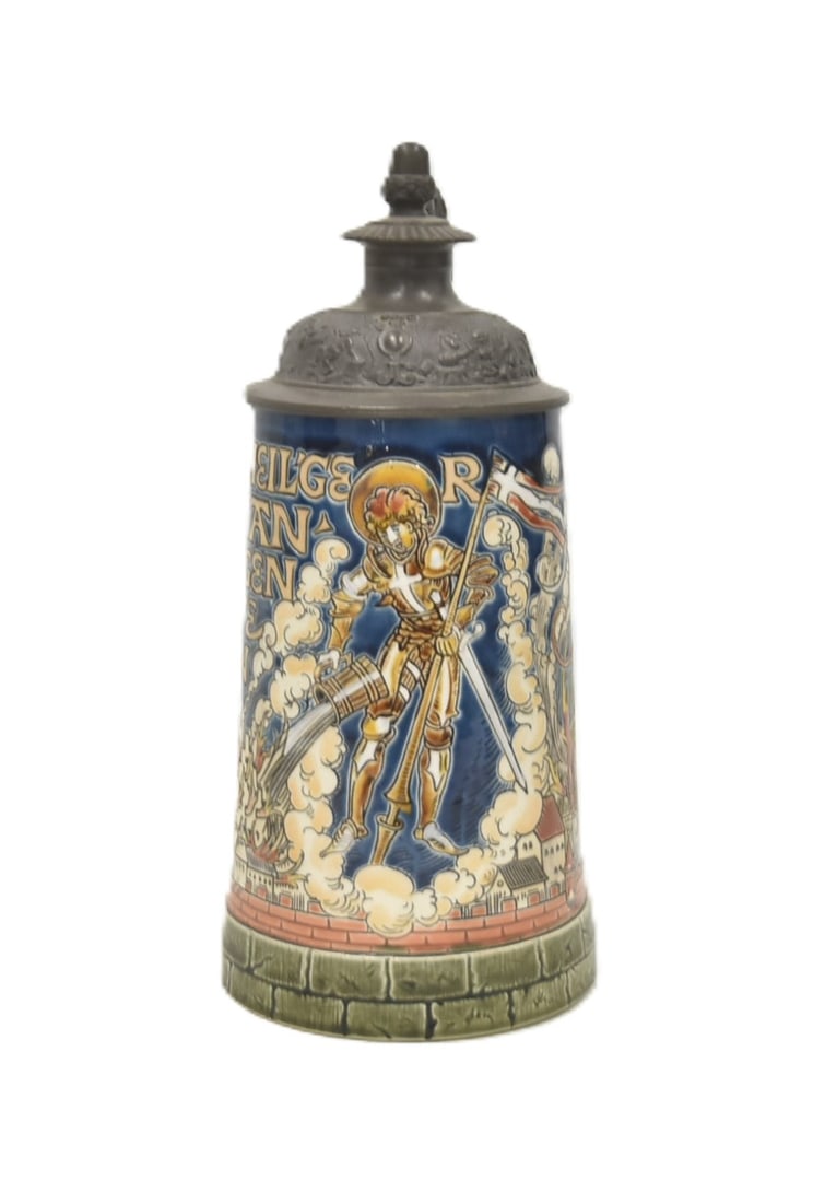 METTLACH # 1786 SAINT FLORIAN STEIN: METTLACH No. 1786 ST FLORIAN 1/2 LITER STEIN WITH ALL PEWTER LID & DRAGON HEAD THUMB GRIP ; DESIGNED BY OTTO HUPP - 5 1/2" x 3 1/2" x 9 1/4" (DRAGON HEAD POSSIBLY REPLACED)