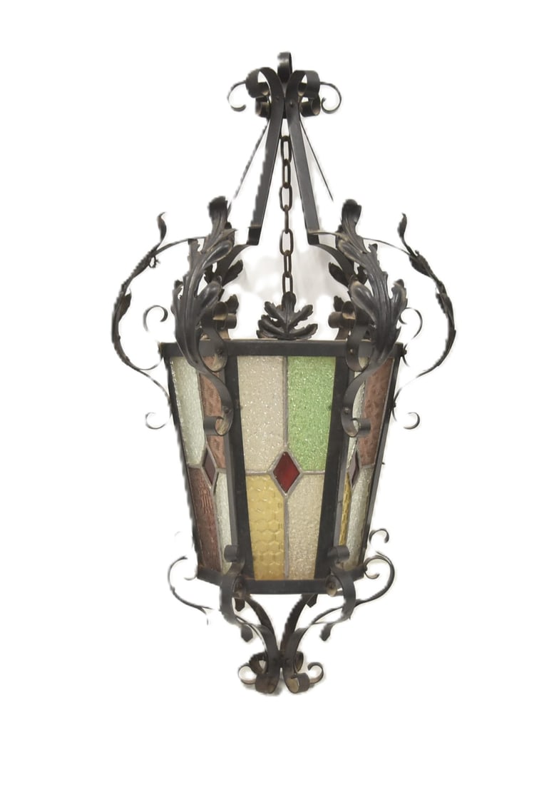 WROUGHT IRON & LEADED GLASS LANTERN FIXTURE (1 of 11)