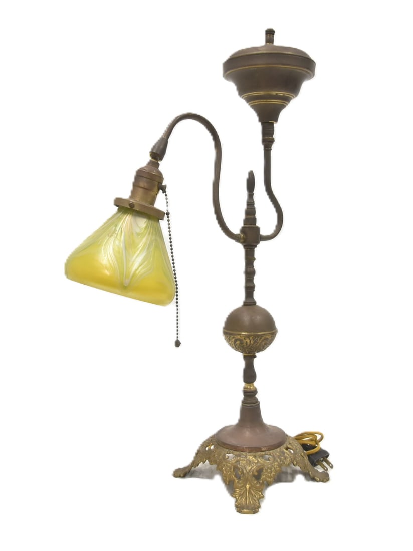 GILT PATINATED DESK LAMP WITH ART GLASS SSHADE (1 of 10)