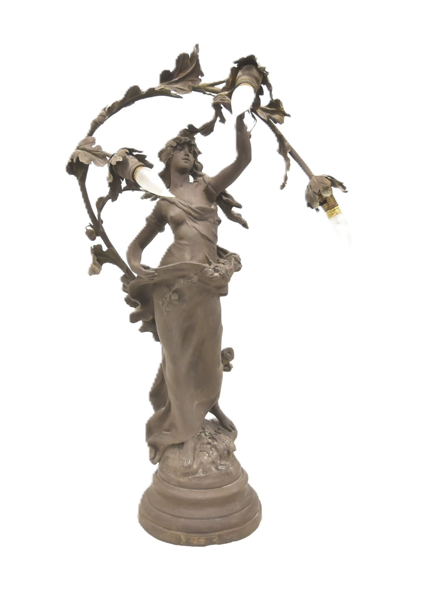 AFTER AUGUSTE MOREAU SPELTER FIGURAL LAMP: AFTER AUGUST MOREAU AUTUMN FOLIATE FIGURAL PATINATED SPELTER LAMP ; WITH NAME PLATE & MARKED MOREAU ON BASE - 19" x 8 1/2" x 20"