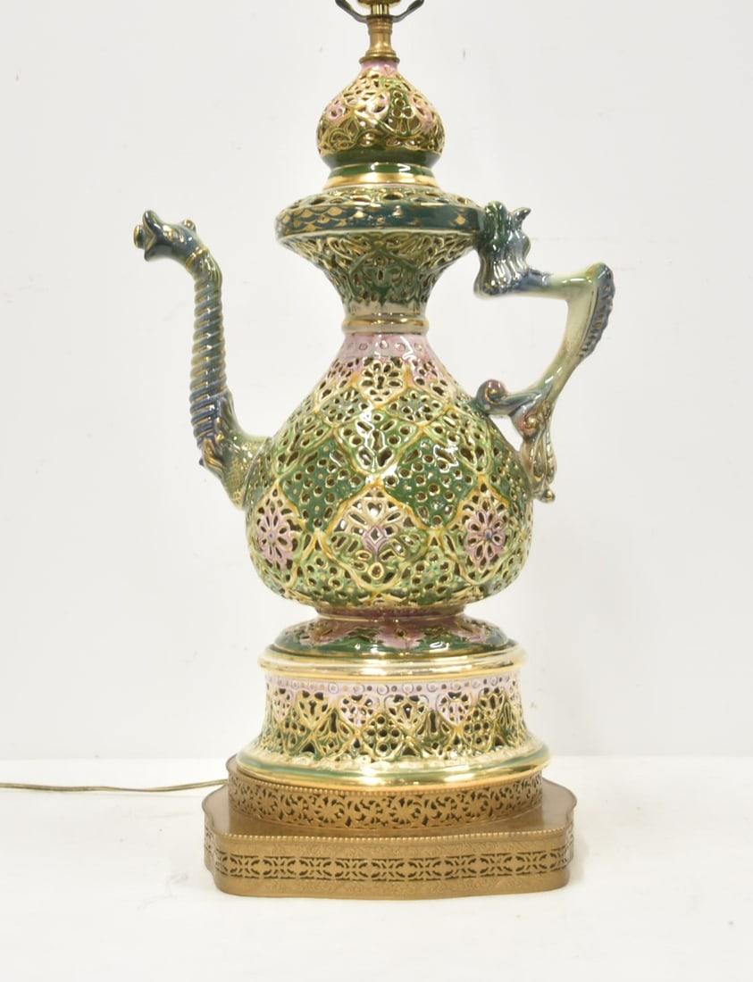 SZOLNAY LARGE RETICULATED PORCELAIN EWER LAMP: LARGE SZOLNAY RETICULATED PORCELAIN EWER FORM LAMP - 13" x 9" x 33" (TOP OF HARP)
