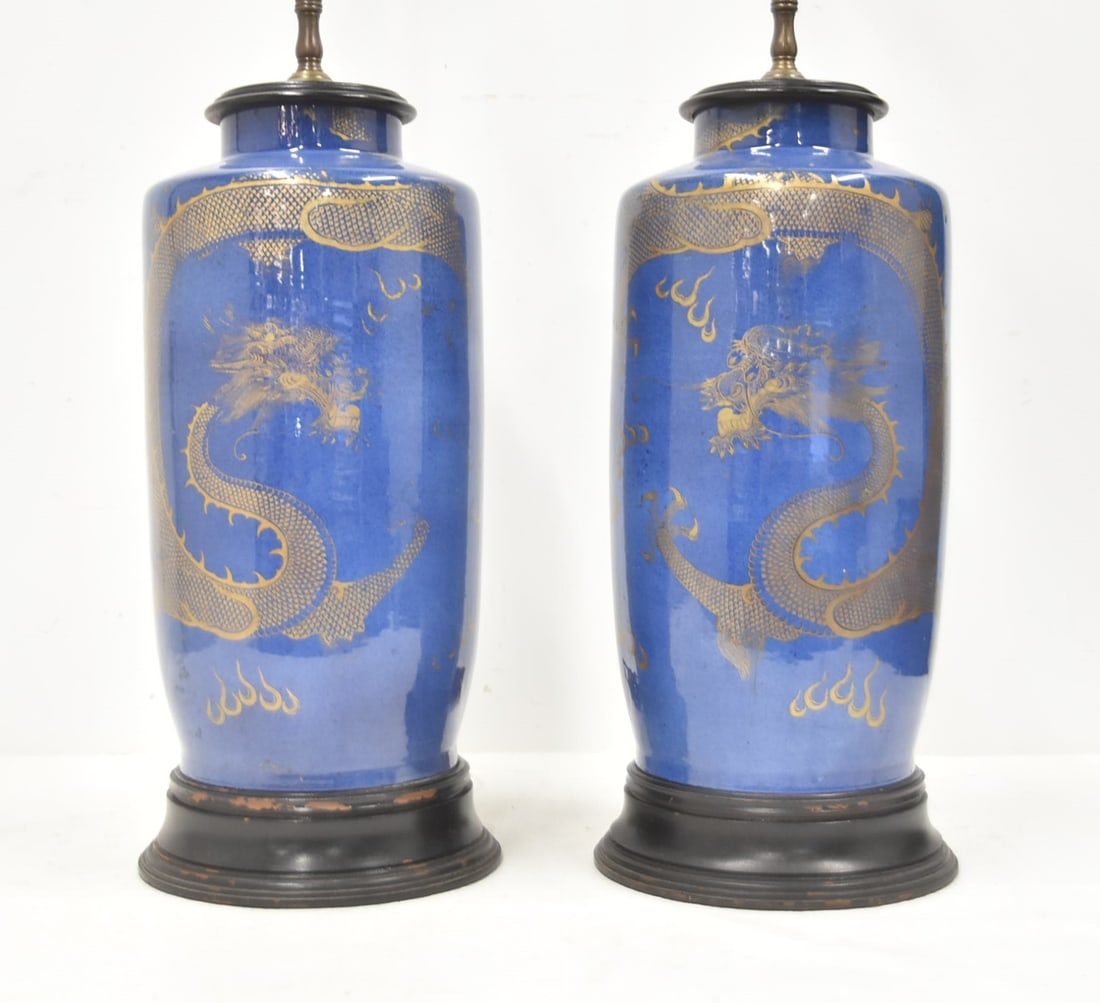 (Pr) CHINESE BLUE & GOLD DRAGON VASE LAMPS: PAIR ANTIQUE 19th CENTURY CHINESE POWDER BLUE GLAZED PORCELAIN VASES WITH GILT OVERLAY DRAGONS & CLOUDS ; VASE ALONE IS 7 1/2" x 14" ; 35" TALL MOUNTED AS LAMPS