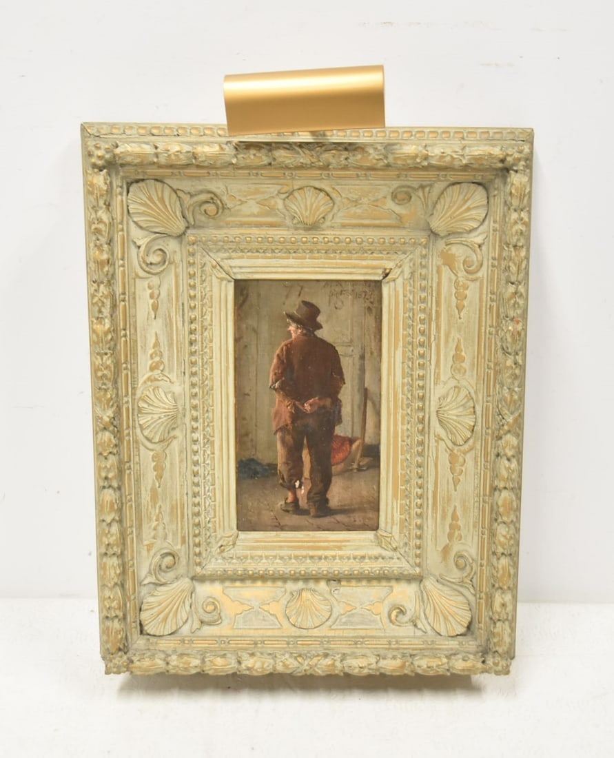 MARCO DE GREGORIO , OIL ON PANEL PAINTING: ATTRIBUTED TO MARCO DI GREGORIO , OIL ON PANEL PAINTING OF BEGGER WITH HIS BACK TO VIEWER , SIGNED M DI GREGORIO ,187 , UPPER RIGHT - 4 1/4" x 7 1/2" ; 13" x 16 1/2" OVERALL