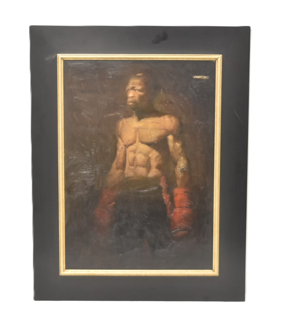 STEVE HUSTON "FEATHERWEIGHT" OIL ON BOARD: STEVE HUSTON (AMERICAN b. 1959) ACRYLIC OIL ON PANEL BOARD PAINTING OF BOXER TITLED "FEATHERWEIGHT" INVERSO SIGNED HUSTON , LOWER LEFT ELEANOR ETTINGER GALLERY , NY LABEL WITH TITLE & NAME OIL SIZE IS