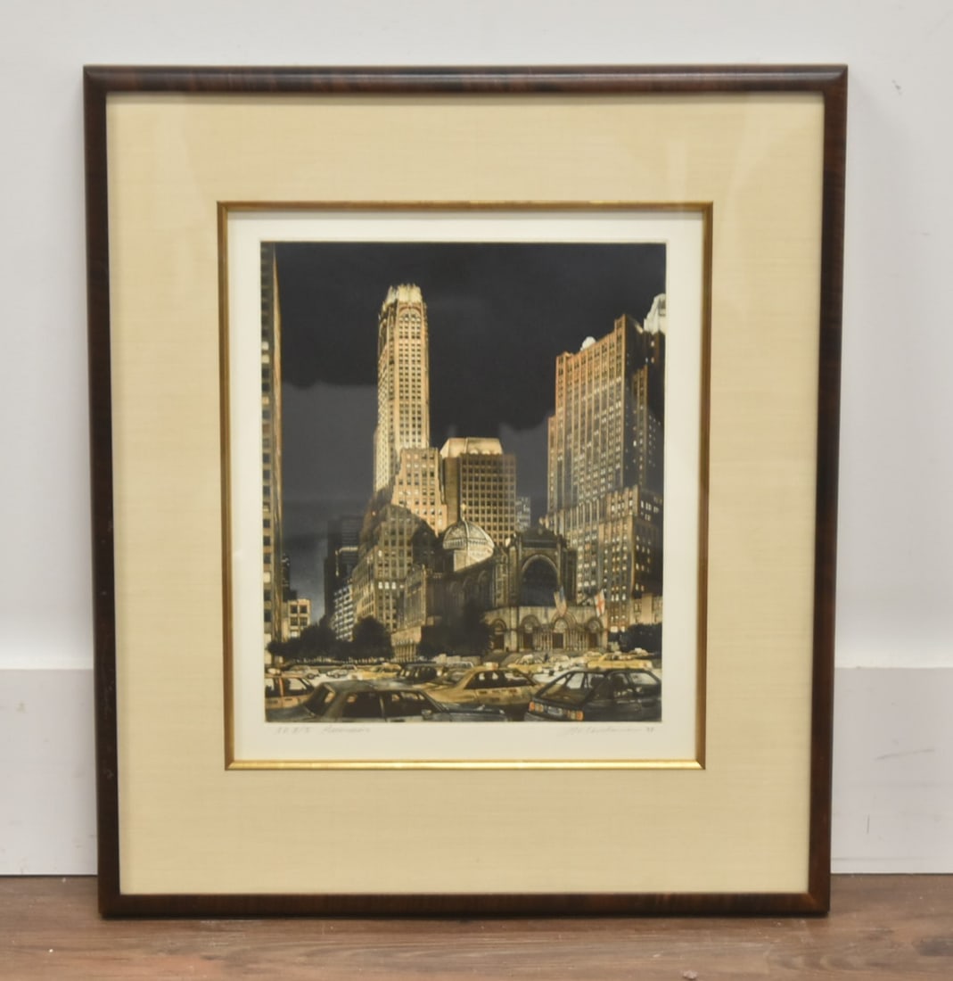 FREDERICK MERSHIMER "ASCENSION" COLOR MEZZOTINT: FREDERICK MERSHIMER (AMERICAN, b. 1958) "ASCENSION" NEW YORK CITY STREET SCENE MEZZOTINT IN COLORS HAND SIGNED MERSHIMER , 93' , LOWER RIGHT ARTIST PROOF , AP II / X PROFESSIONALLY FRAMED & MATTED SIG