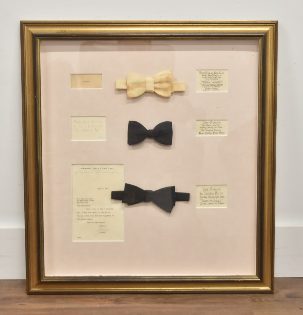 SOL HUROK AUTOGRAPHED LETTER COLLAGE: SOL HUROK (RUSSIAN - AMERICAN IMPRESARIO - 1888-1974) SOL HUROK AUTOGRAPHED LETTER & SIGNATURE BLOCK ALONG WITH BOW TIES SOL HUROK WORE TO FAMOUS BALLETS ;CORRESPONDING SIGNED LETTER STATING SOL HUROK