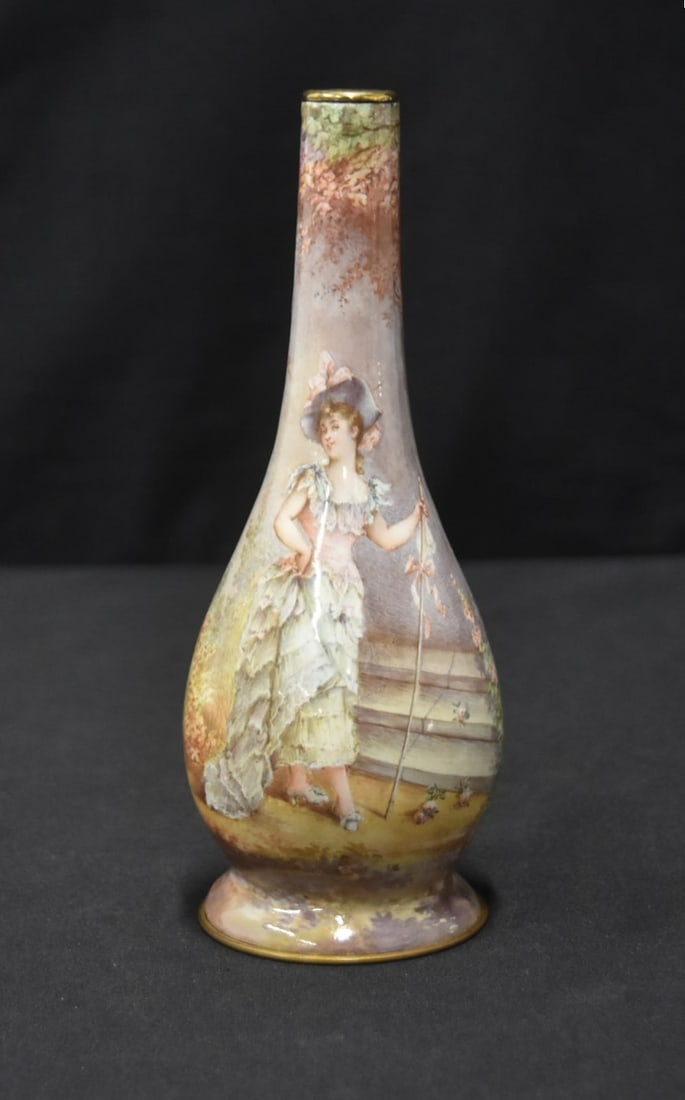 VIENNESE ENAMEL ON COPPER VASE: ANTIQUE VIENNESE ENAMEL ON COPPER VASE WITH WOMAN IN FLOWER GARDEN - 2 1/2" x 7"