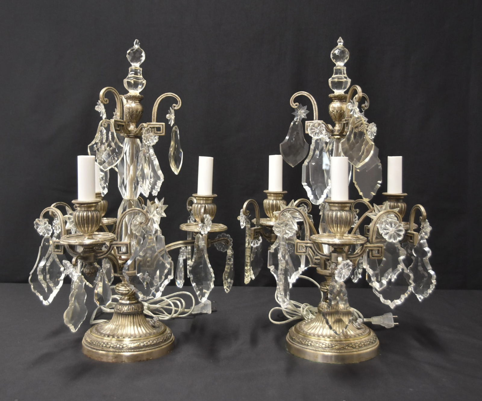(Pr) JOLLET & CIE SILVERED BRONZE GIRANDOLES: JOLLET & CIE , PARIS ANTIQUE SILVER GILT BRONZE GIRANDOLE LAMPS WITH CRYSTALS - 11" x 19" OVERALL