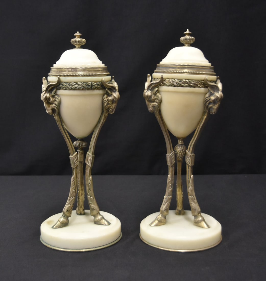 (Pr) LXVI SILVERED BRONZE & MARBLE CASSOLETTES: PAIR FRENCH LXVI STYLE SILVERED BRONZE MOUNTED MARBLE CASSOLETTES WITH REVERSIBLE CANDLE STICK TOP SURROUNDED BY RAMS HEADS , HOOF FEET & FLORAL GARLANDS - 4" x 11"