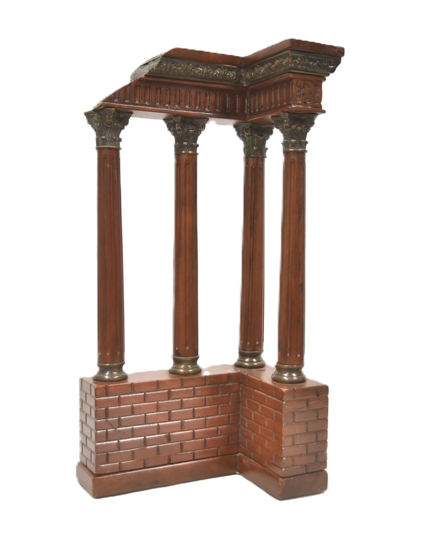 GRAND TOUR MAHOGANY & BRONZE ROMAN RUINS: ITALIAN GRAND TOUR MAHOGANY WOODEN ARCHITECTURAL ROMAN RUINS COLUMNS WITH BRONZE MOUNTS - 11" x 7" x 20"