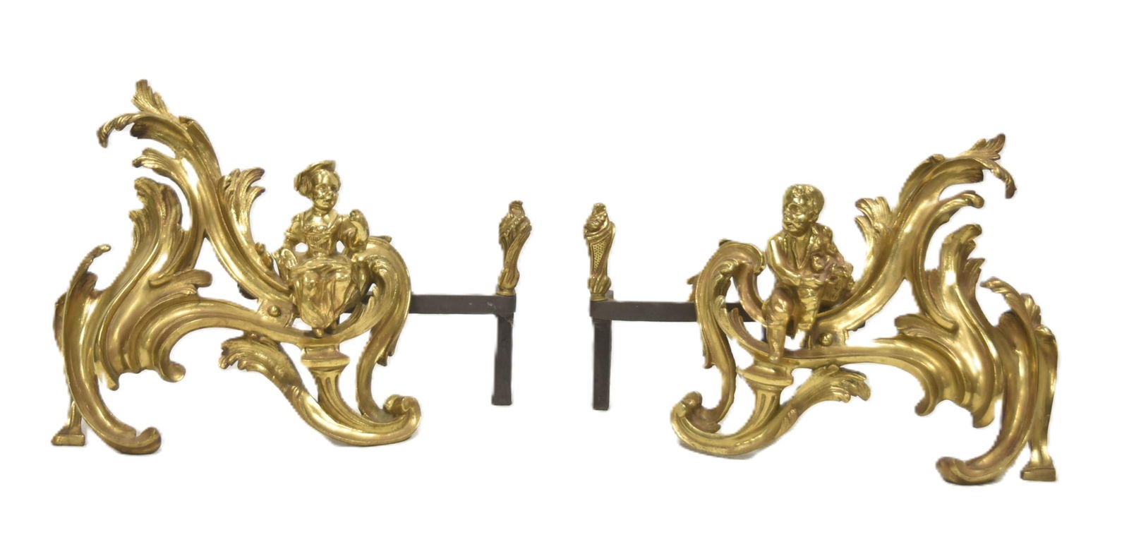 PAIR FRENCH LXV STYLE FIGURAL BRONZE CHENETS: (Pr) FRENCH LXV STYLE GILT BRONZE FIREPLACE CHENETS WITH SEATED BOY & GIRL - 15" x 7" x 10"