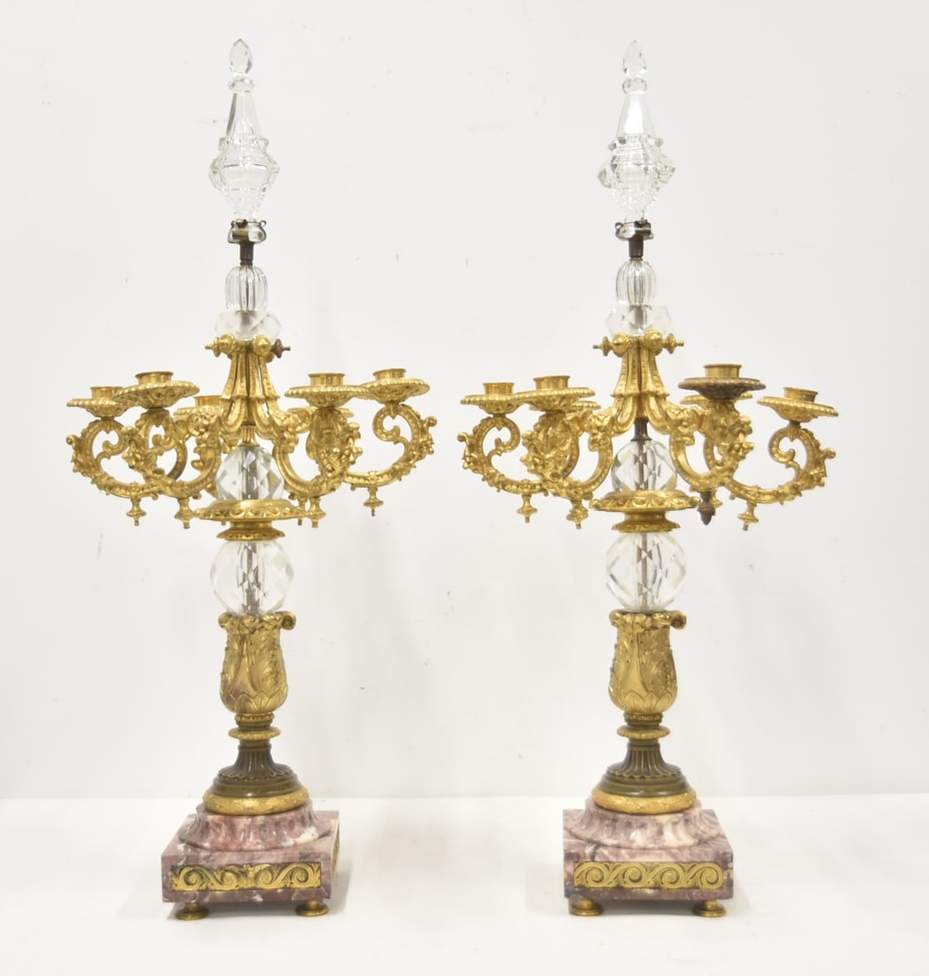 PAIR LARGE BRONZE , MARBLE & CRYSTAL CANDELABRAS: (Pr) LARGE BRONZE MOUNTED FRENCH STYLE CANDELABRAS WITH CUT CRYSTAL MOUNTS & MARBLE BASE - 13" x 31"