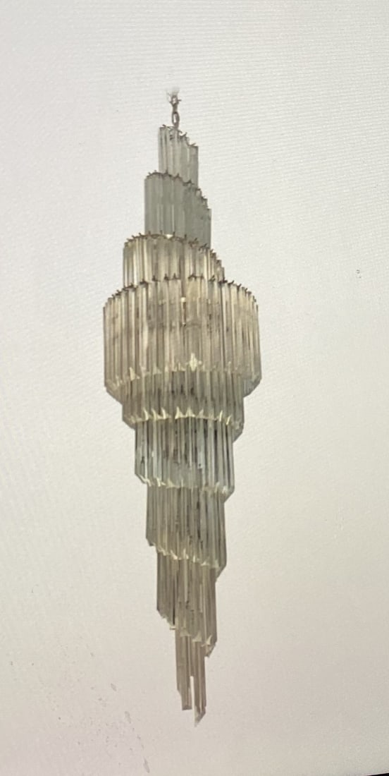 PALATIAL MURANO GLASS CASCADING CHANDELIER: PALATIAL MURANO GLASS SPIRAL CHANDELIER LIGHTING FIXTURE ; WITH MURANO GLASS CASCADING PRISMS - PRISMS ARE 11 1/2" LONG ; OVERALL FIXTURE IS 24" x 88" ; METAL BODY HAS MURANO , MADE IN ITALY STICKER