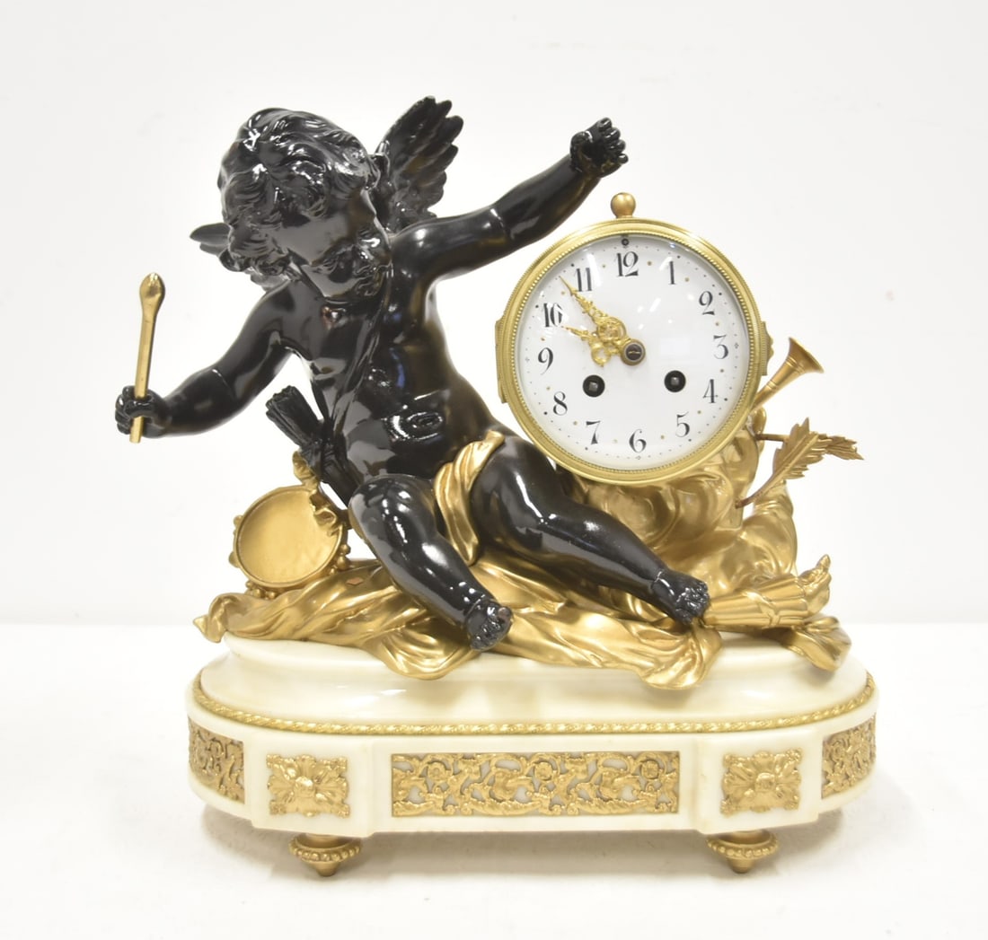 PATINATED WHITE METAL & MARBLE CHERUB CLOCK (1 of 10)