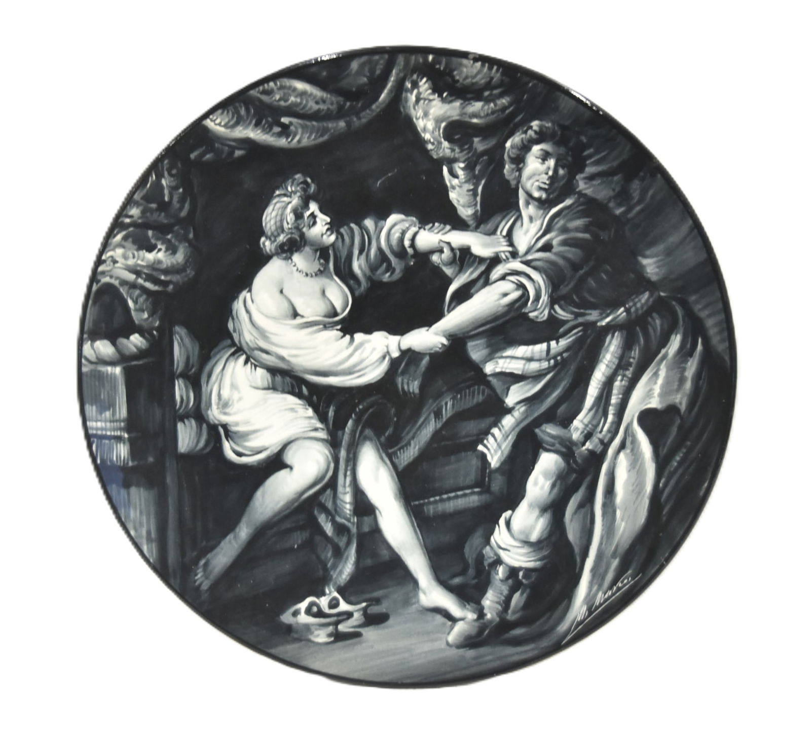 PINTADO A MANO SPAINISH BIBLICAL CHARGER: PINTADO A MANO ESPANA PORCELAIN CHARGER DEPICTING "LA CASTIDAD DE JOSE" "THE CHASTITY OF JOSEPH" ; SIGNED G BILIVERTI - 15 3/4" DIAMETER