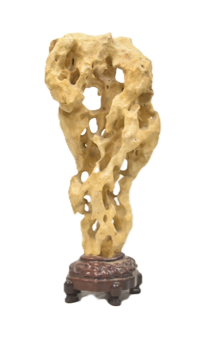 CHINESE LINGBI SCHOLARS ROCK SCULPTURE: CHINESE LINGBI STONE CARVED YELLOW SCHOLARS ROCK SCULPTURE - 12" x 7" x 29"