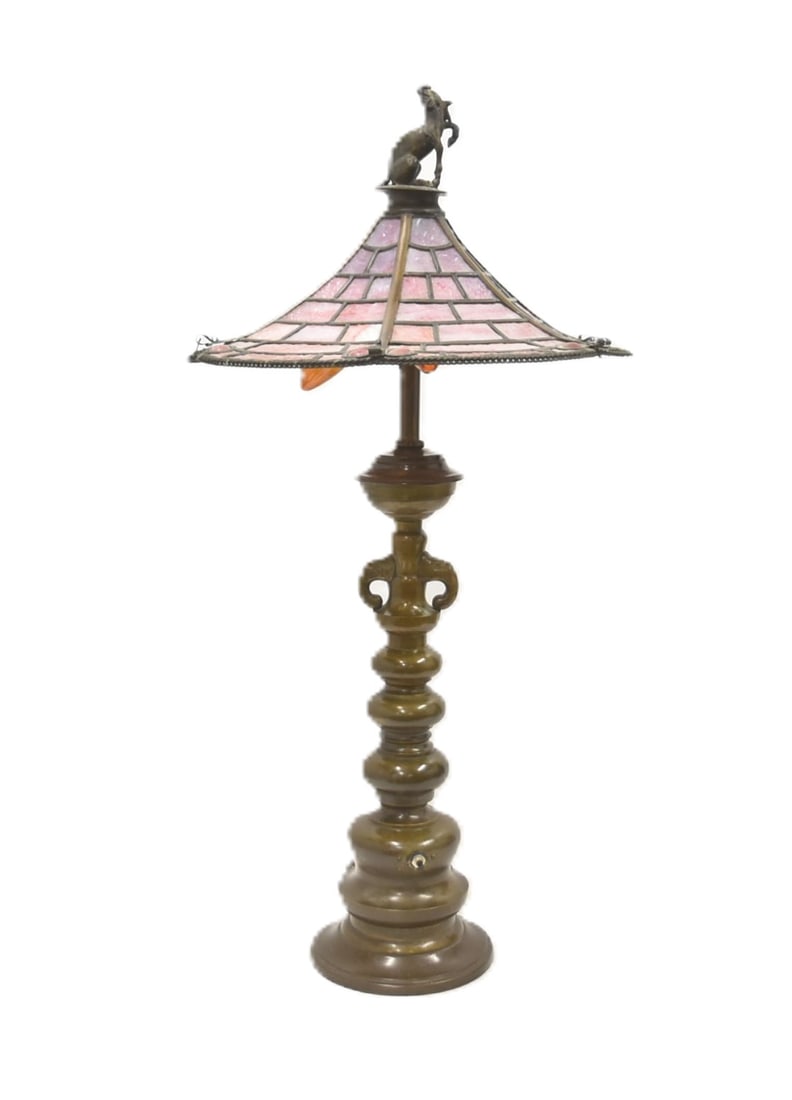 UNUSUAL BRONZE & SLAG GLASS TABLE LAMP (1 of 12)
