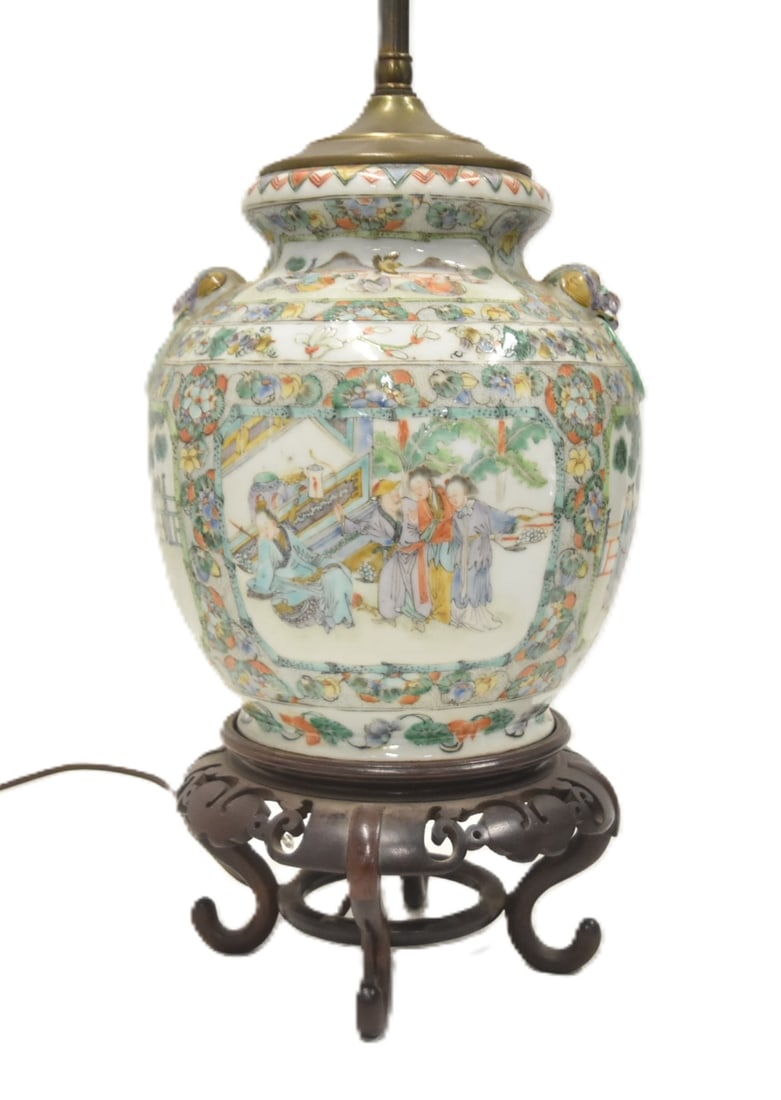 CHINESE FAMILLE ROSE PORCELAIN JAR LAMP: ANTIQUE CHINESE FAMILLE ROSE PORCELAIN JAR WITH FOO DOG HANDLES - JAR IS 7 1/2" x 9" ; 7 1/2" x 22" OVERALL MOUNTED AS LAMP