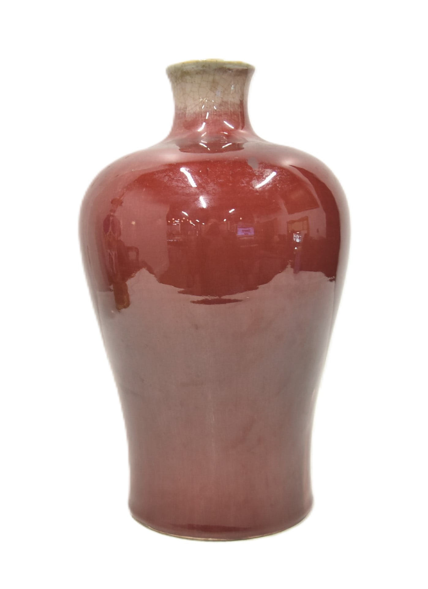 ANTIQUE CHINESE OXBLOOD VASE: ANTIQUE CHINESE SANG DE BOEUF OXBLOOD VASE - 8" x 13 1/2" OVERALL