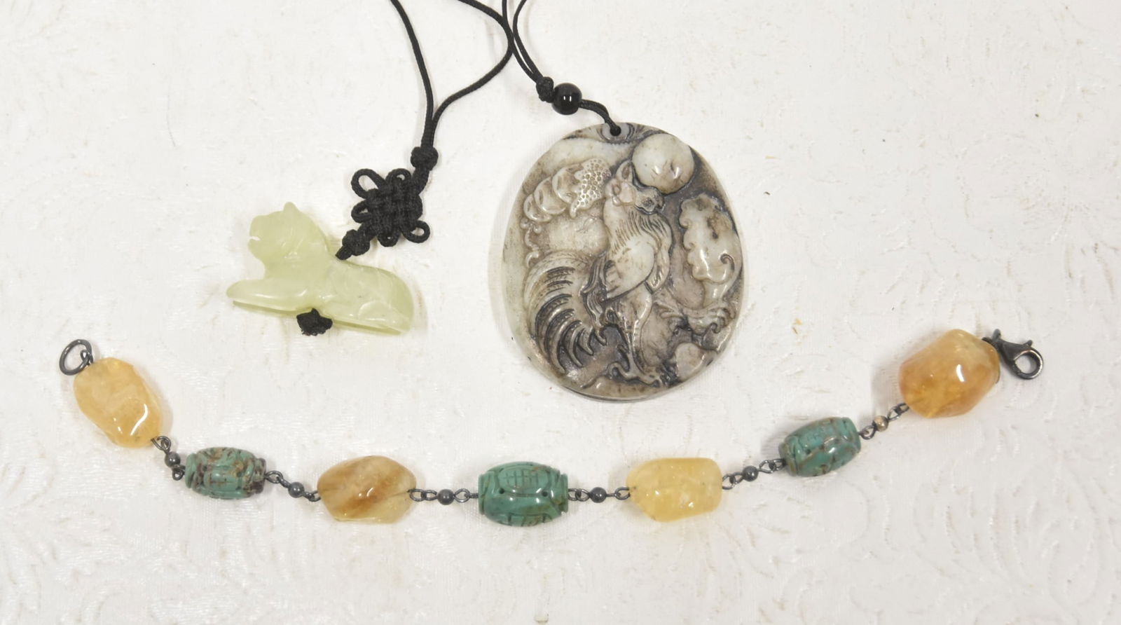 CHINESE PENDANTS & BRACELET: (2) CHINESE HARDSTONE PENDANTS WITH PHEONIX BIRD MEDALLION / ASIAN ? STONE & TURQUOISE BRACELET - 1 1/2" x 2"